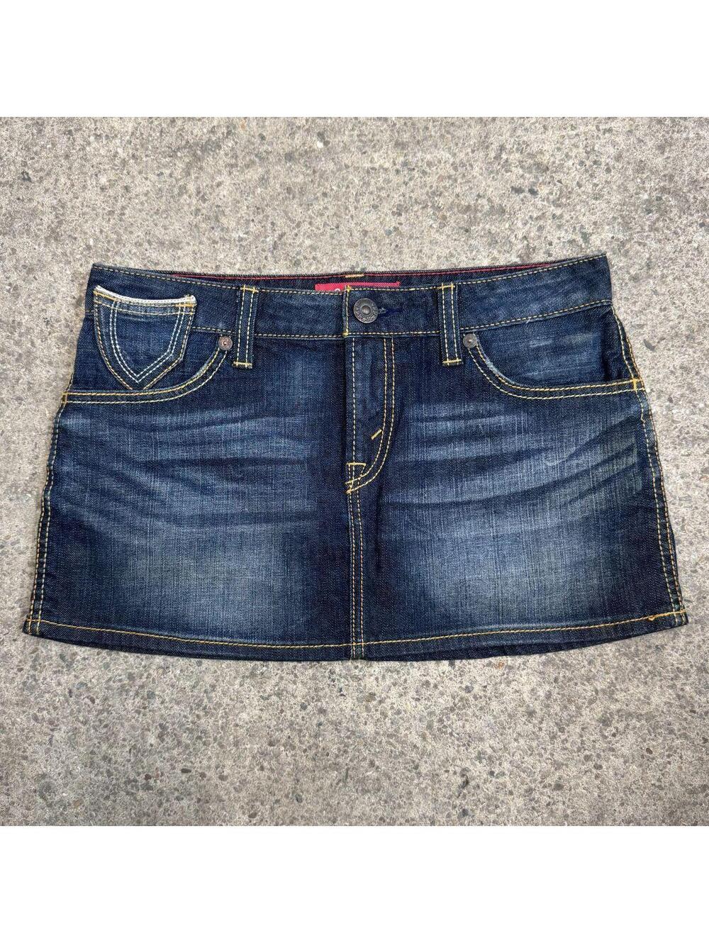 Vintage Y2K Denim Micro Mini Skirt Low Rise Faded Sandblasted